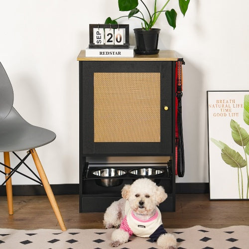 Feeding Station With 1 Storage Cabinets, Pet Feeding Station With 2 Elevated Dog Bowls, Side Hooks, Anti-tip Kit, Hidden Pet Feeder Station For Feeding Watering, Black